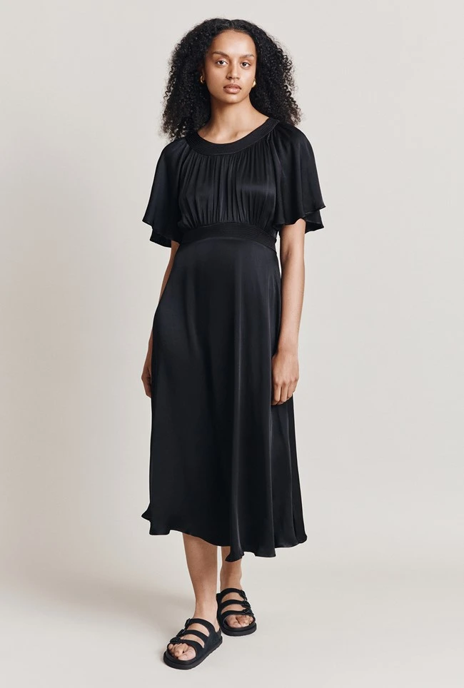 Flora Satin Midi Dress Black