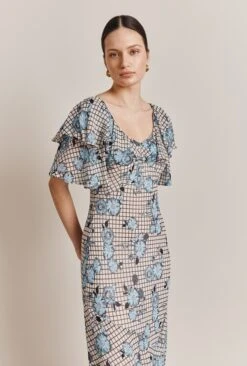 Birdie Crepe Midi Dress Blue Gingham