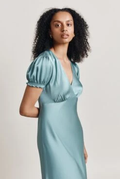 Clemence Satin Midi Dress Petrol Green