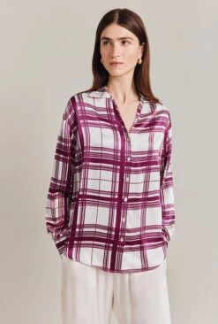 Amy Satin Long Sleeve Shirt Purple Check